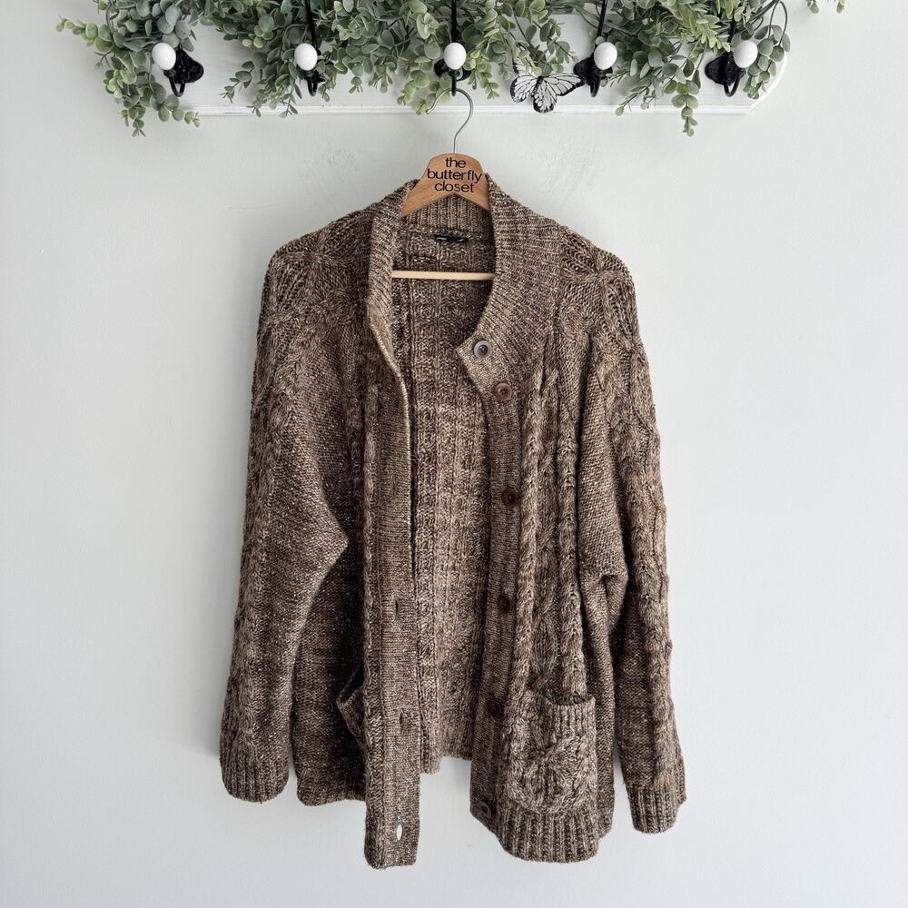 Talbots Plus Size Brown Metallic Cable Knit Button Down Sweater 2X